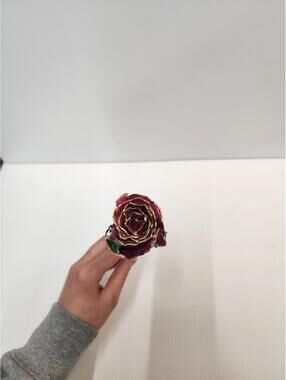 Handcrafted Preserved Gold Trimmed Red Rose with Green Leaves